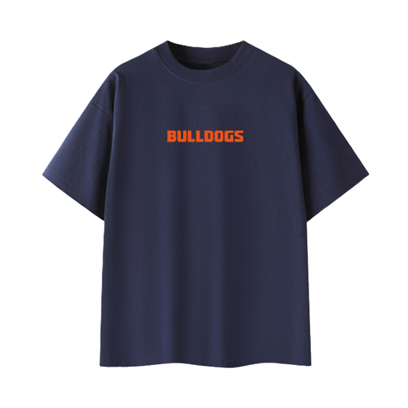 Bulldogs tee — orange print, front
